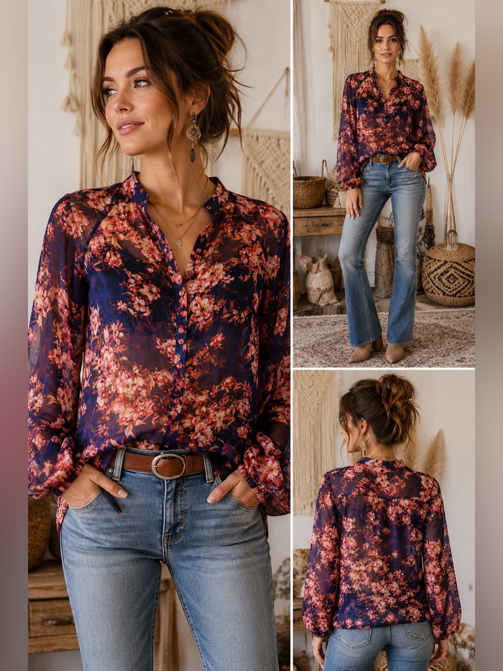 NWT Umgee Floral Sheer Button Front Blouse – Medium